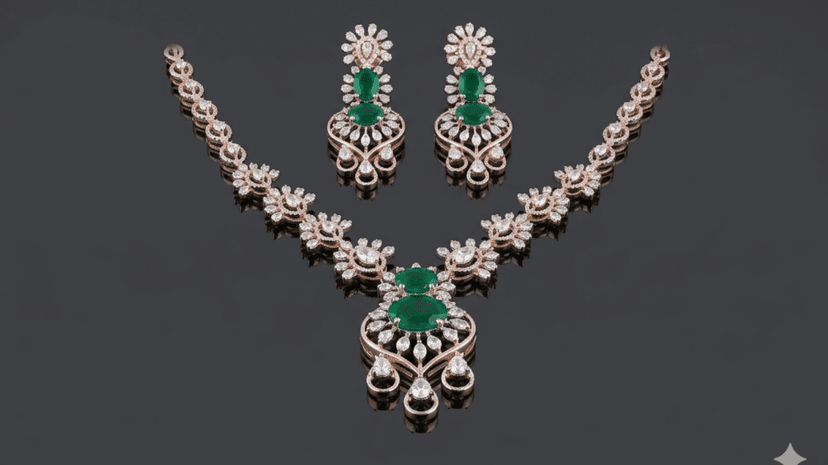 Symmetrical Emerald and Diamond Necklace Set - Jaipur Jewellers