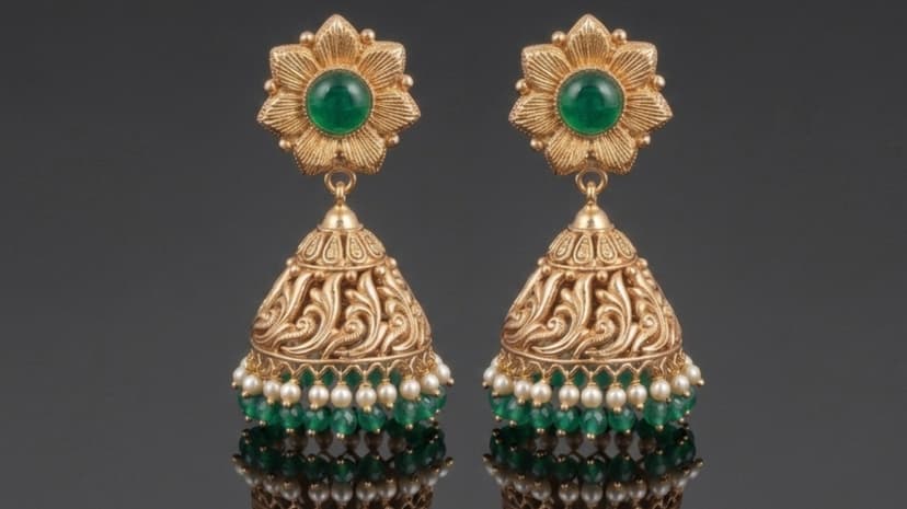 Antique Gold Jhumka Earrings with Emerald Drops - Jaipur Jewellers
