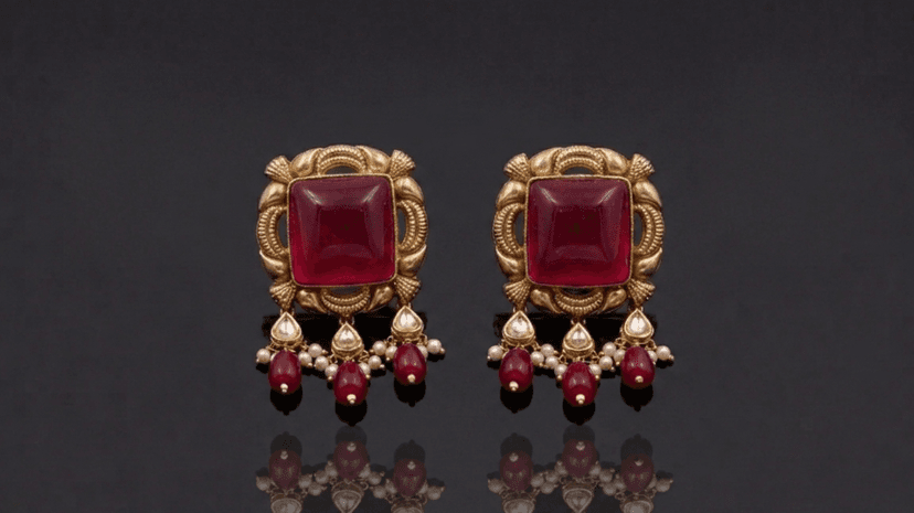 Traditional Gold Stud Earrings with Ruby Center - Jaipur Jewellers