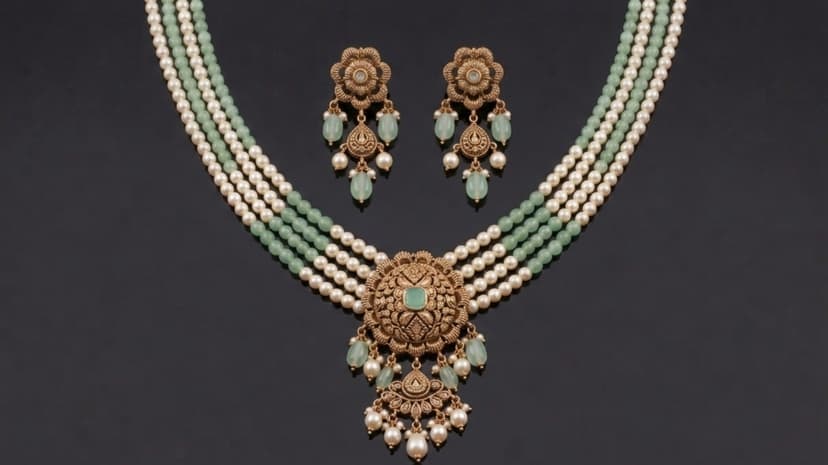 Traditional Flower Motif Kundan Gold Necklace Set with Green Emerald Beads and Pearls - Jaipur Jewellers