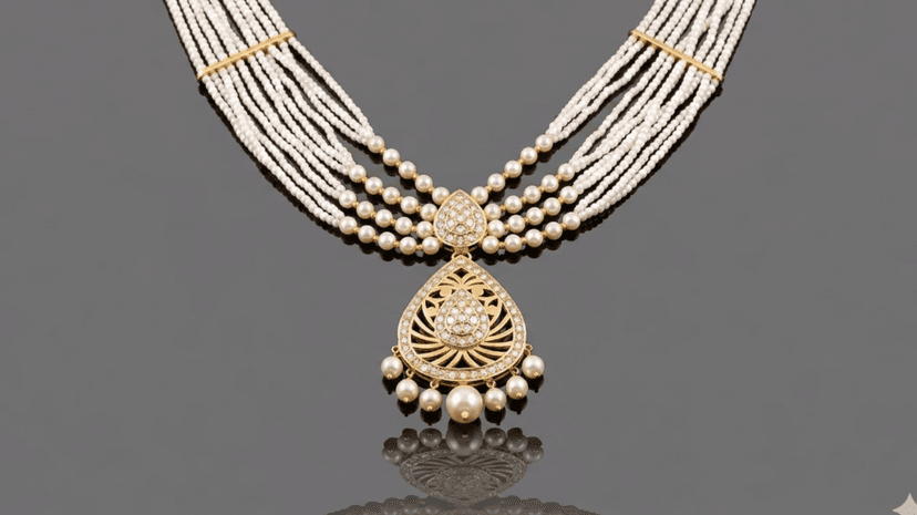 Multi-Strand Pearl Gold Necklace with Diamond-Studded Teardrop Pendant - Jaipur Jewellers