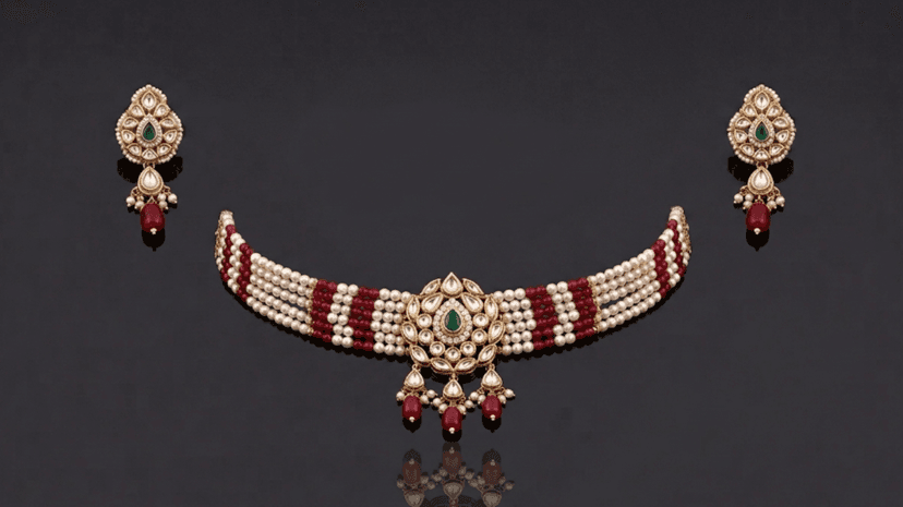 Kundan Choker Gold Necklace Set with Ruby Beads and Pearls - Jaipur Jewellers