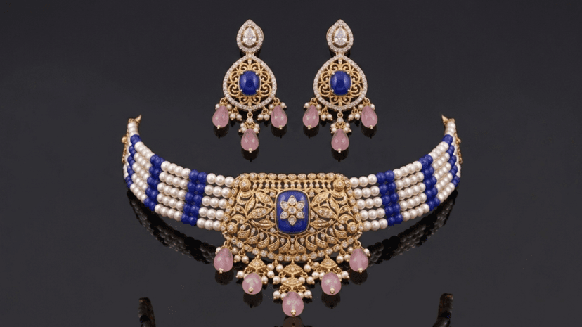 Royal Sapphire Choker Gold Necklace Set with Pearls - Jaipur Jewellers