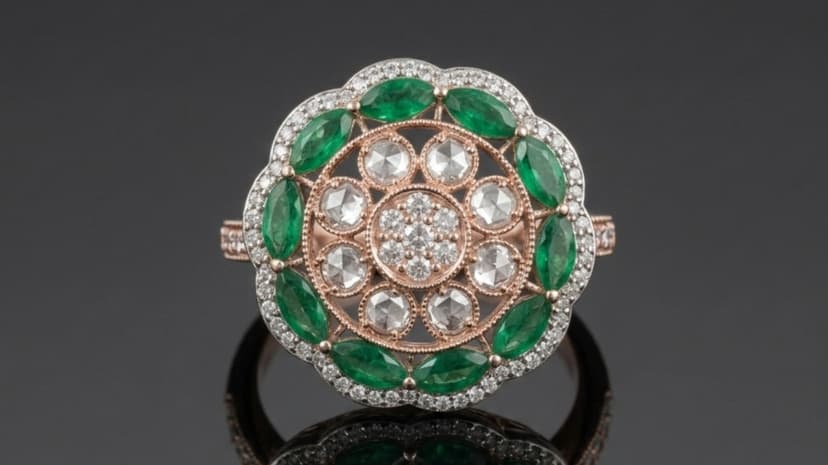 Intricate Gold Floral Emerald Cocktail Ring - Jaipur Jewellers