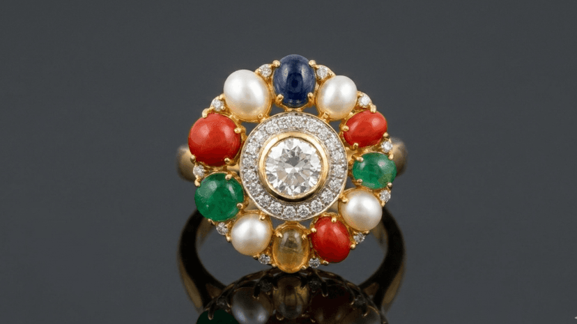 Traditional Navaratna Nine-Gem Gold Ring - Jaipur Jewellers
