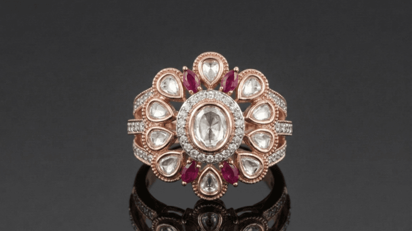 Antique Gold Floral Ruby Cocktail Ring - Jaipur Jewellers